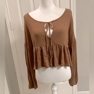 ❤️3 for $25❤️Beachy Boho Babydoll Crop Waffle Knit Flounce Brown Size Small